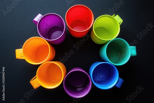 A group of plastic mugs in bright colors, presented in a circular arrangement with editable design spaces. photo