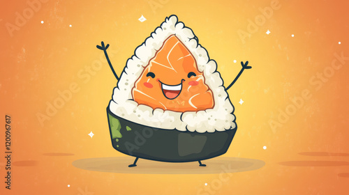 Cartoon onigiri sushi groovy character exudes funky vibe, with a wide smile, dancing to an vintage hippie beats. Isolated vector triangular rice ball japanese sushi personage, asian restaurant meal photo