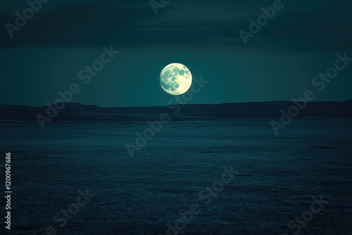 A glowing full moon casting an eerie light on a desolate, open field. photo