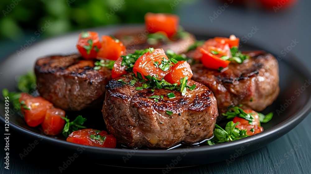 Close-up of Grilled Steaks with Cherry Tomatoes and Parsley Garnish on a Dark Plate Close-up of Grilled Steaks with Cherry Tomatoes and Parsley Garnish on a Dark Plate