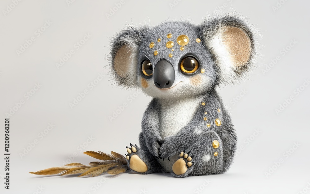 Fototapeta premium A charming creature with koala-like ears, a soft feathered tail, and golden freckles, sitting calmly on a white background