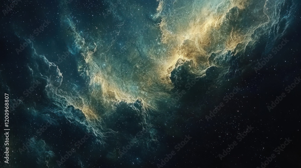 Obraz premium Cosmic Nebula: A Celestial Tapestry of Gold and Teal