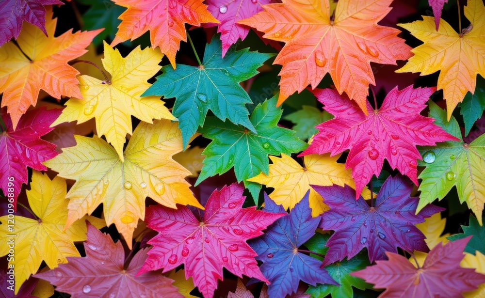 A vibrant collection of colorful autumn leaves with glistening water droplets showcasing a spectrum A vibrant collection of colorful autumn leaves with glistening water droplets showcasing a spectrum