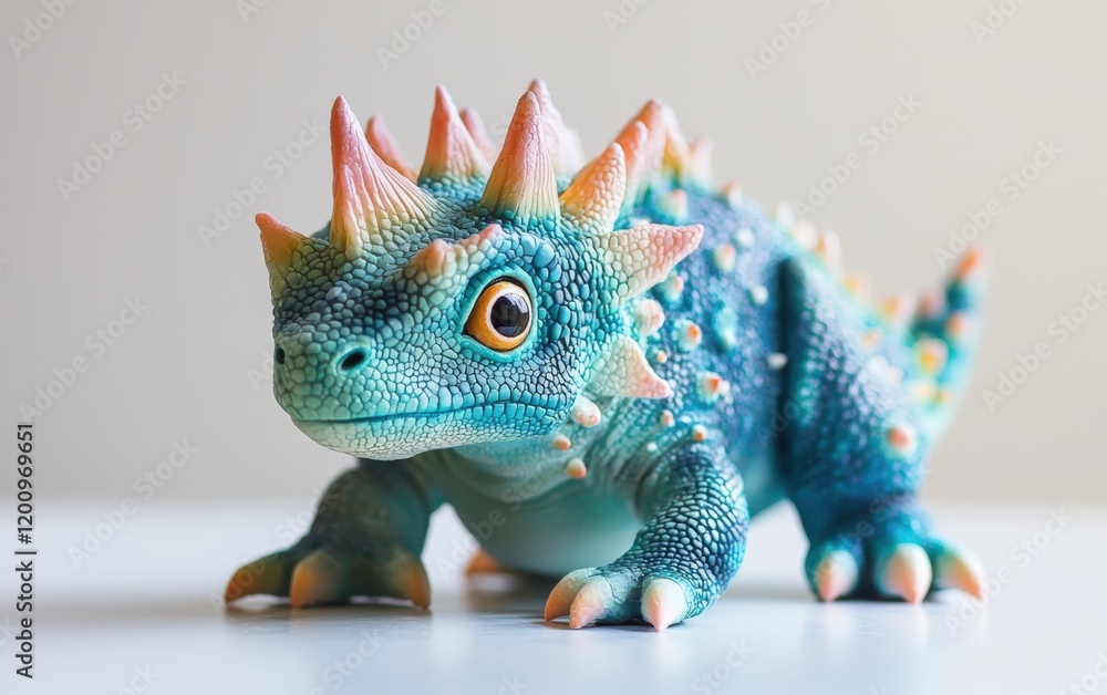 Obraz premium A small, dinosaur-inspired animal with soft, rounded spikes and a gradient of pastel blues and greens, centered on a white surface