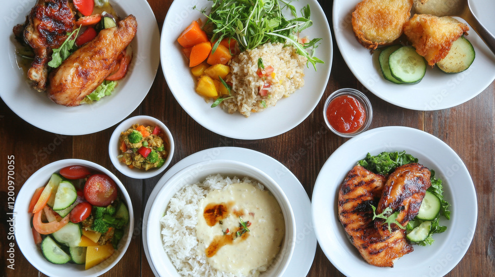 Healthy food for lunch icon of rice with vegetables, chicken in honey sauce, potato soup with garlic butter, fried fish with cucumber salad, chicken tortilla, baked plum and potato with sweet sauce Healthy food for lunch icon of rice with vegetables, chicken in honey sauce, potato soup with garlic butter, fried fish with cucumber salad, chicken tortilla, baked plum and potato with sweet sauce