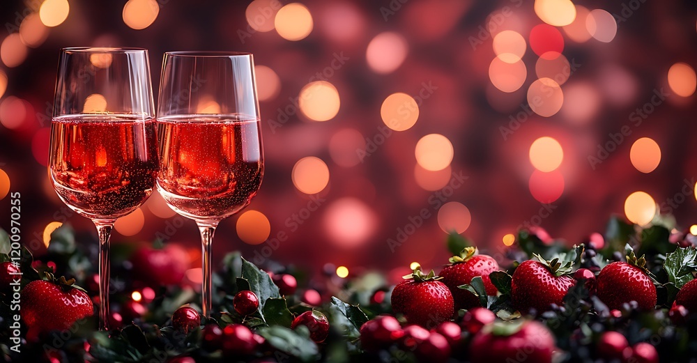 Romantic Rose Sparkling Wine Glasses Festive Strawberries Red Background Holiday Celebration Cheers Romantic Rose Sparkling Wine Glasses Festive Strawberries Red Background Holiday Celebration Cheers