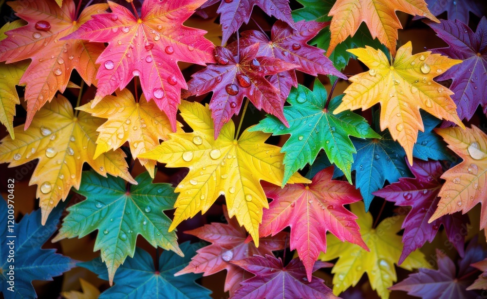 A vibrant collection of colorful autumn leaves with glistening water droplets showcasing a spectrum A vibrant collection of colorful autumn leaves with glistening water droplets showcasing a spectrum