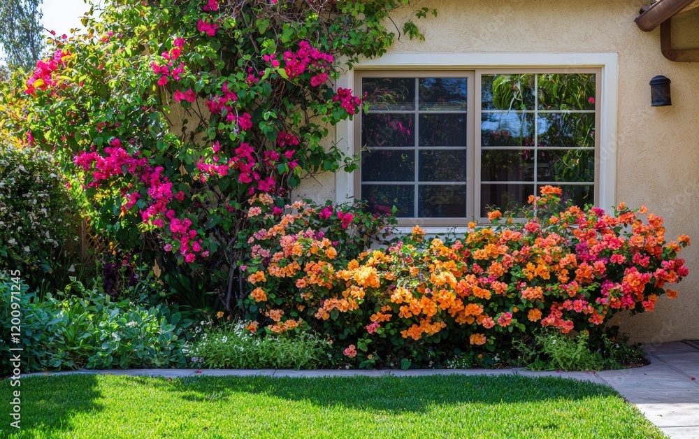 A colorful flowering bush with vibrant blooms near a home, shot in natural light A colorful flowering bush with vibrant blooms near a home, shot in natural light