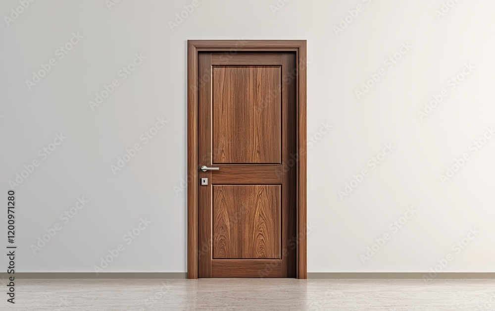 A modern wooden entrance door with sleek metallic handles, set against a neutral background A modern wooden entrance door with sleek metallic handles, set against a neutral background
