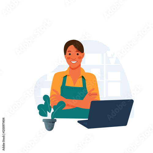 Vector of smiling shopkeeper woman with confidence pose