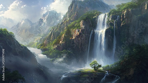 Majestic Waterfall in a Serene Mountain Valley