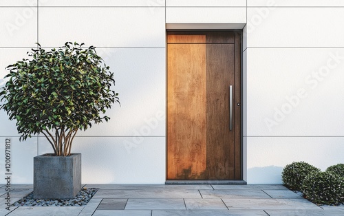 A stylish modern wooden entrance door with polished metallic accents, placed against a white background