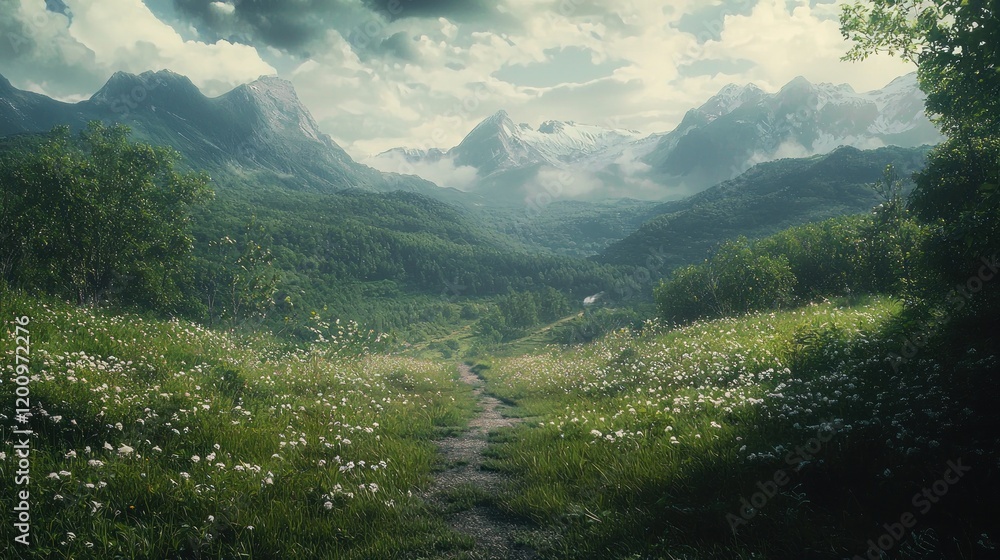 Fototapeta premium Serene Mountain Meadow: A Path Through Blooming Wildflowers