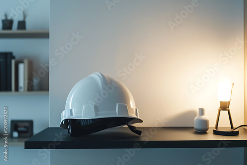 White hard hat on the shelf photo