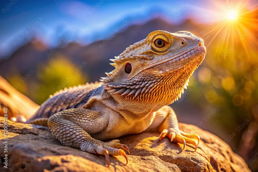 Obraz premium Bearded Dragon Basking in Desert Sunlight, Tranquil Reptile on Rocks