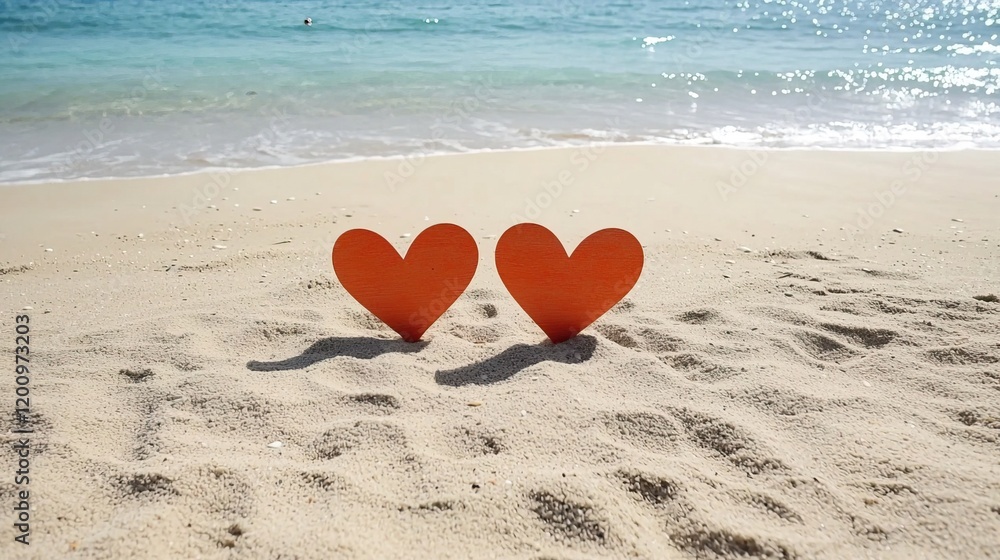Fototapeta premium Beach Wedding Scene with Hearts in Sand, Two hearts on paradise beach concept.