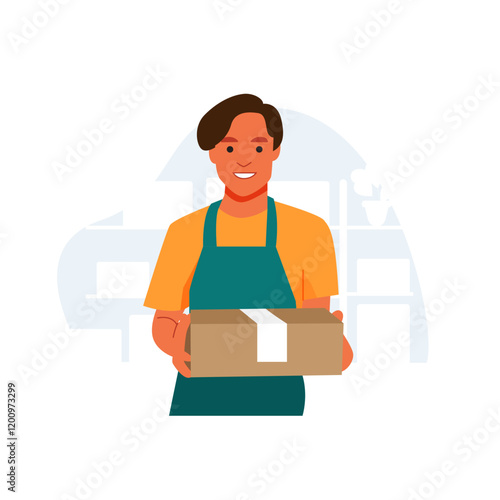 Vector of shopkeeper man show package ready to delivery