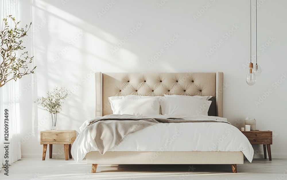 Fototapeta premium A neutral-toned upholstered bed frame with a tufted headboard, centered on a white surface