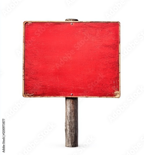 Blank red rustic sign on wooden post. photo