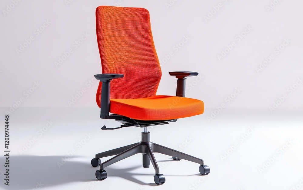 A vibrant orange office chair with a mesh back and adjustable armrests, on a white background A vibrant orange office chair with a mesh back and adjustable armrests, on a white background