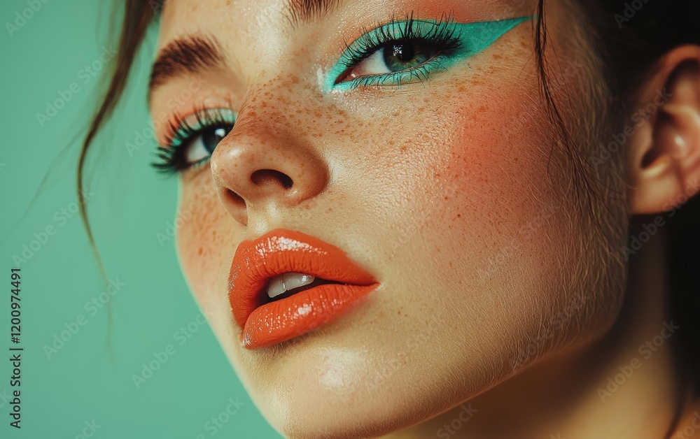 Fototapeta premium A vibrant portrait with bold teal eyeliner, subtle blush, and coral lips, on a pastel green backdrop