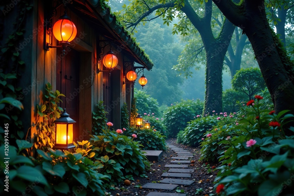 Obraz premium Overgrown garden with glowing lanterns and vines, overgrown, lantern