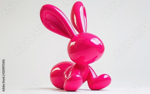A vivid pink balloon bunny sculpture, with large ears and a playful pose, on white