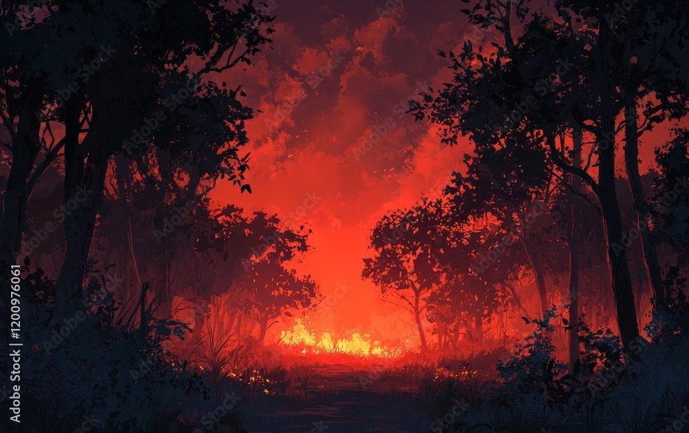 A dramatic view of a forest fire from a distance, with a red-orange glow dominating the horizon A dramatic view of a forest fire from a distance, with a red-orange glow dominating the horizon
