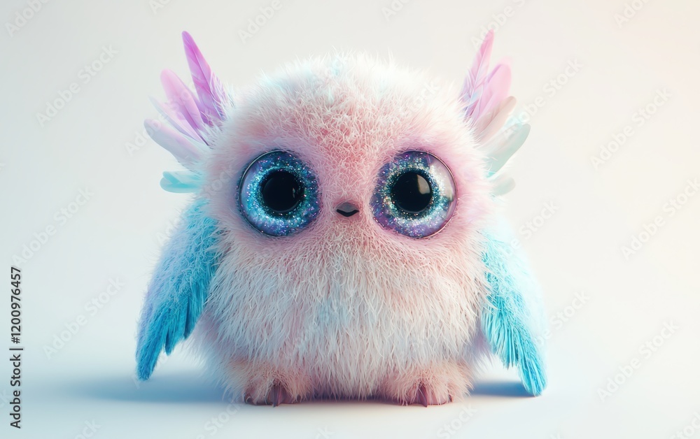 Fototapeta premium A fluffy, round creature with big sparkling eyes, tiny wings, and a pastel pink and blue fur coat, sitting on a clean white background