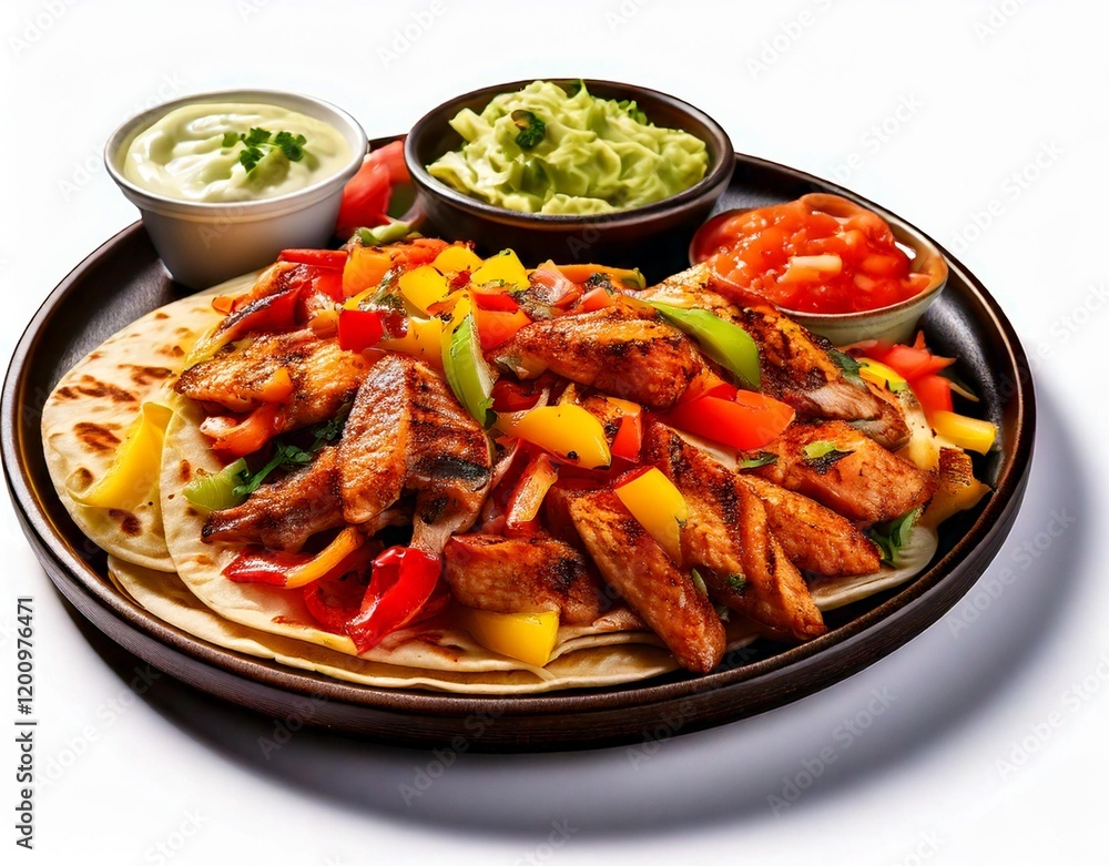 A plate of sizzling chicken fajitas with colorful bell peppers, onions, and a side of warm flour tortillas, served with guacamole, sour cream, and salsa, isolated on white background A plate of sizzling chicken fajitas with colorful bell peppers, onions, and a side of warm flour tortillas, served with guacamole, sour cream, and salsa, isolated on white background