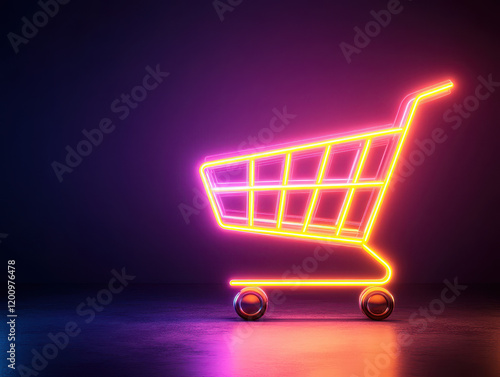 glowing neon shopping cart icon in dark setting, showcasing minimalist design. vibrant colors create modern and eye catching visual appeal photo