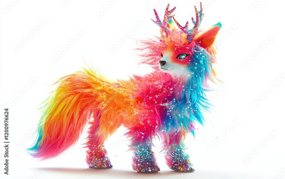 Fototapeta premium A whimsical, fox-like creature with a rainbow-colored mane, tiny antlers, and glittery paws, isolated on a bright white backdrop