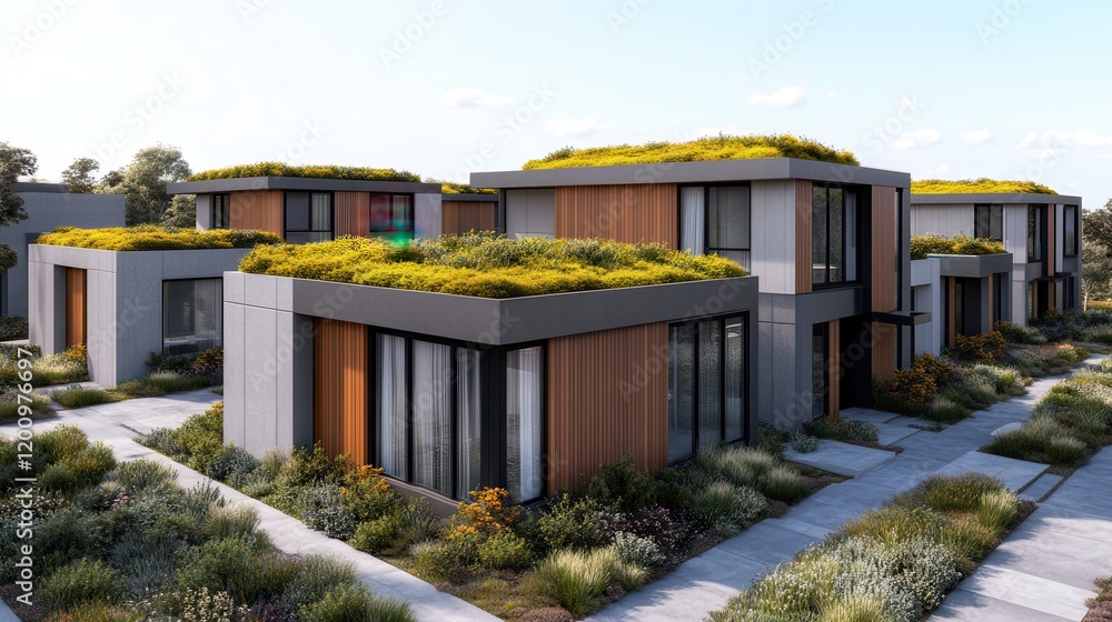 Renewable energy collaboration for sustainable communities. Modern houses with green roofs and landscaped surroundings. Renewable energy collaboration for sustainable communities. Modern houses with green roofs and landscaped surroundings.