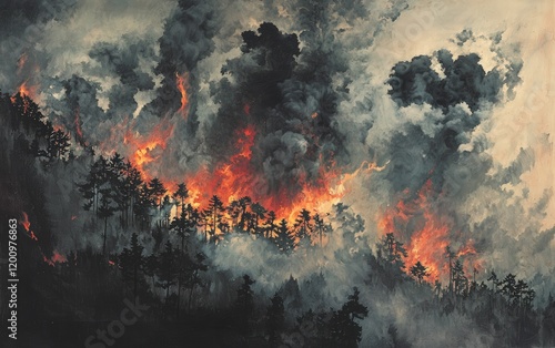 Wallpaper Mural A fiery inferno consuming a hillside forest, with thick clouds of smoke billowing upward Torontodigital.ca