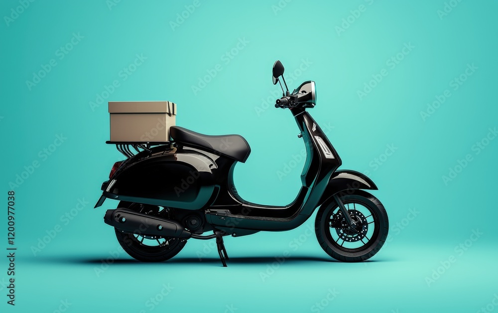 Obraz premium A sleek black delivery scooter with a food box, placed on a pastel blue background