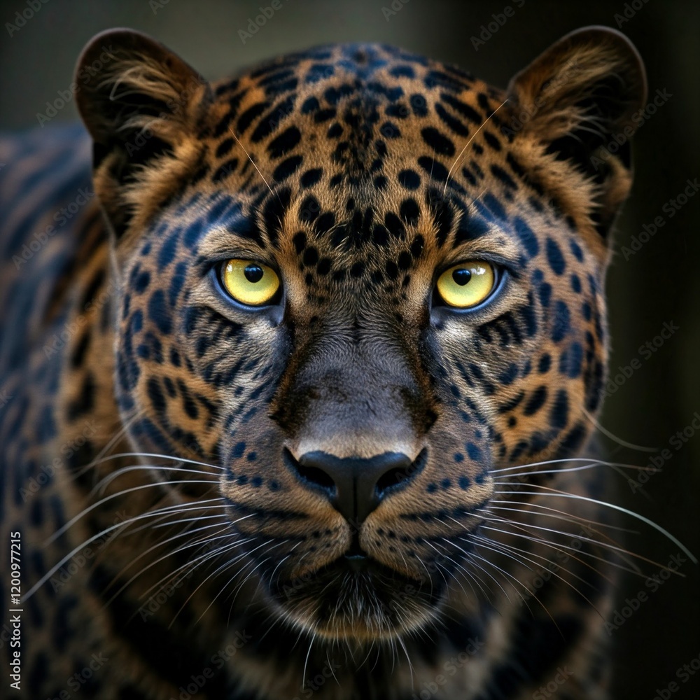 Obraz premium close up portrait of a leopard with yellow eyes in the wild looking directly at the camera