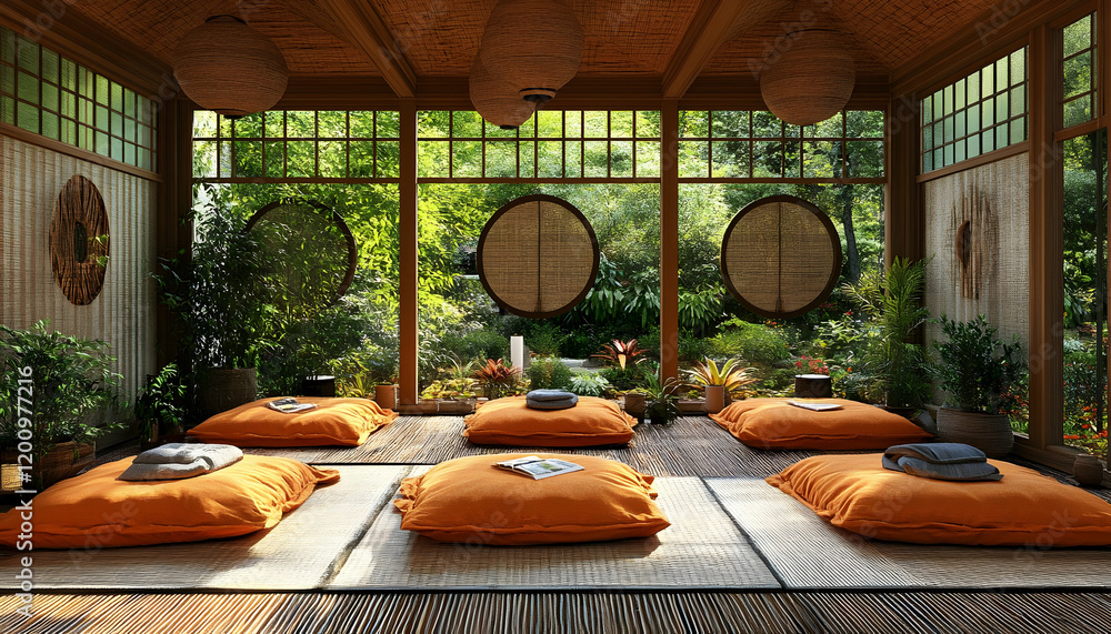 Fototapeta premium Serene garden yoga studio, sunlit zen space