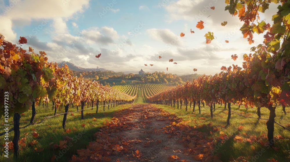 Naklejka premium Vine leaves fall on dirt path thru vineyard toward a distant building, under cloudy skies