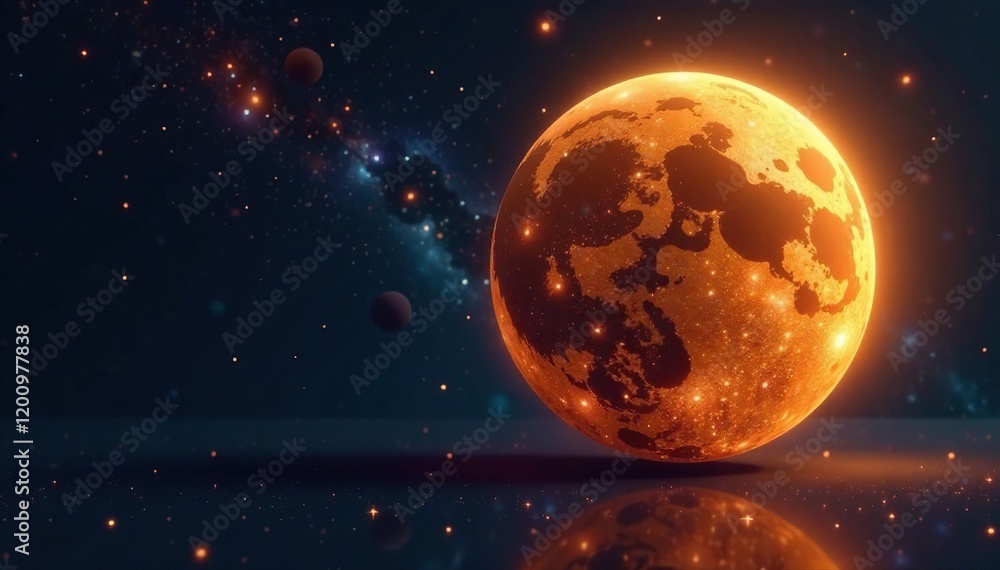 Shimmering golden ball suspended in a dark space filled with stars and planets, sphere, ball Shimmering golden ball suspended in a dark space filled with stars and planets, sphere, ball
