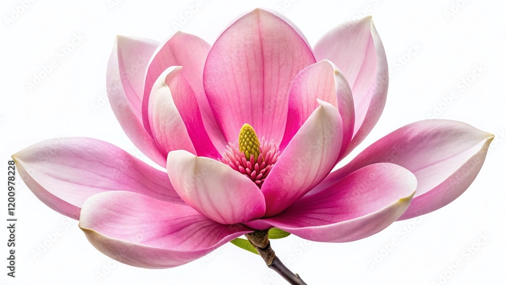 Obraz premium Blooming Pink Magnolia Flower, Soft Petals, Panoramic White Background Stock Photo