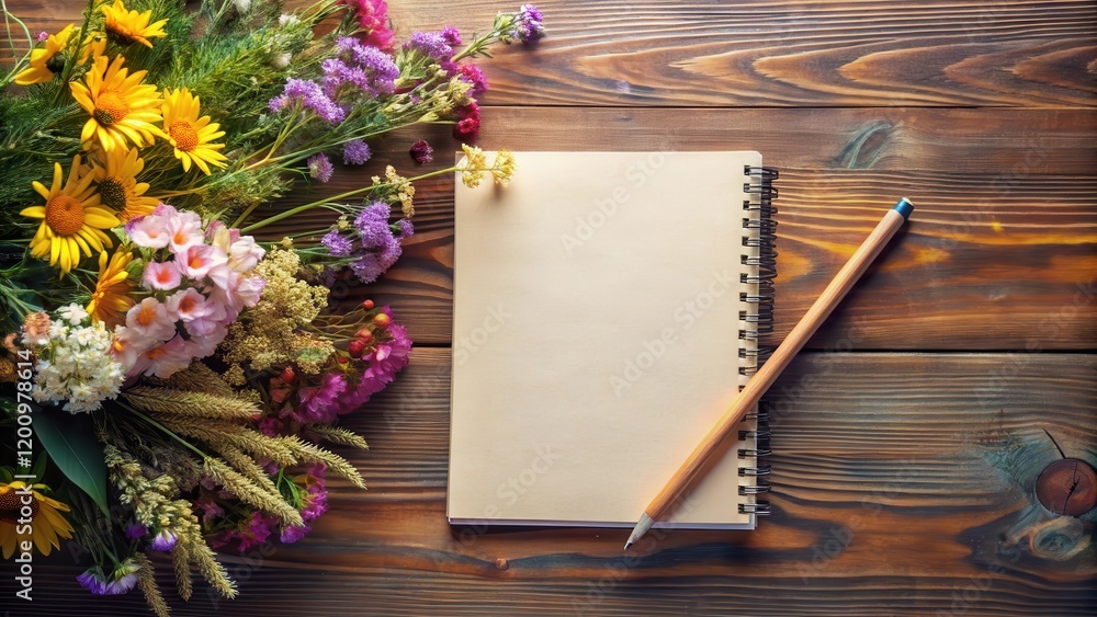 Rustic Still Life Blank Notepad, Pencil, and Vibrant Wildflower Bouquet on Wooden Surface Rustic Still Life Blank Notepad, Pencil, and Vibrant Wildflower Bouquet on Wooden Surface