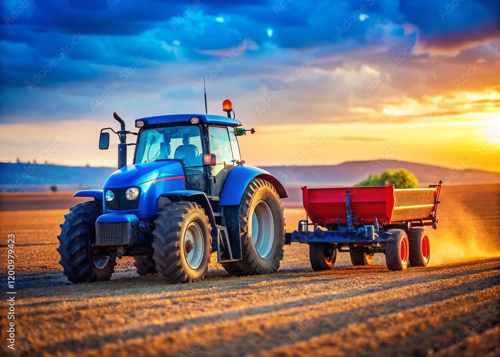 Obraz premium Blue Tractor & Red Fertilizer Spreader, Winter Crop Farming, Bokeh Field