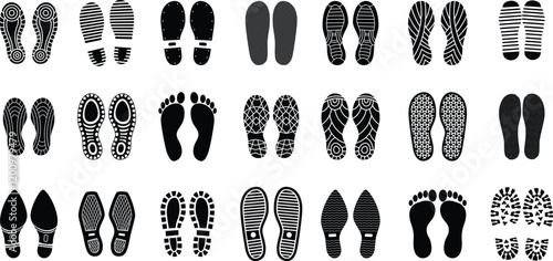 Human foot and shoe print icons set vector illustration with white background.