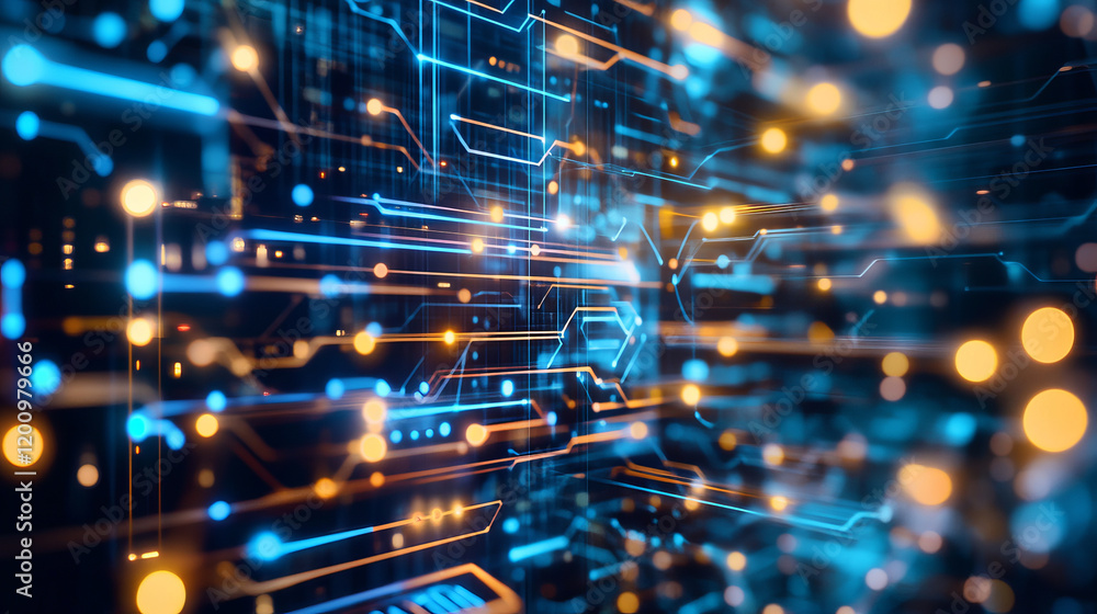 Obraz premium vibrant digital circuit board with glowing lines and nodes, representing technology and innovation. blue and orange lights create dynamic atmosphere