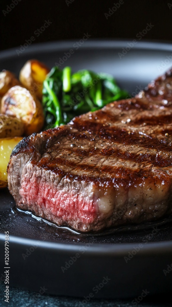 Grilled ribeye steak with roasted potatoes and spinach on plate Grilled ribeye steak with roasted potatoes and spinach on plate