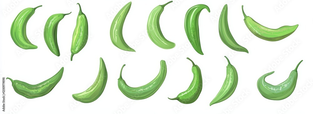 Collection of green chili peppers in various positions. Collection of green chili peppers in various positions.