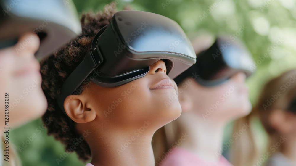 Immersed in virtual reality, child experiences technology with joy. scene captures excitement of youth engaging with innovative devices outdoors Immersed in virtual reality, child experiences technology with joy. scene captures excitement of youth engaging with innovative devices outdoors