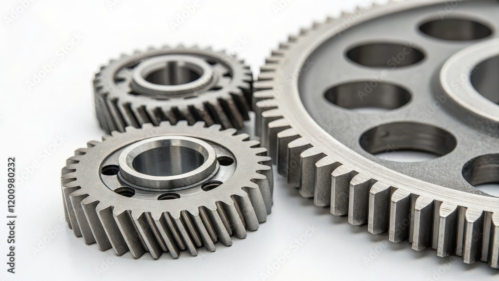 Close-up of Interlocking Metal Gears on White Background Close-up of Interlocking Metal Gears on White Background