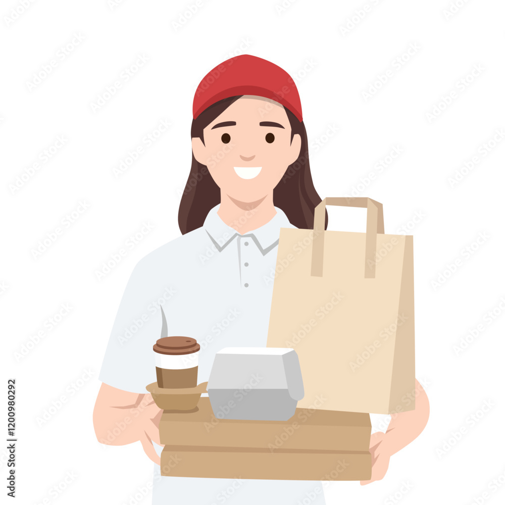 Smiling Takeaway Courier Delivering Fresh Food and Coffee. Flat vector illustration isolated on white background Smiling Takeaway Courier Delivering Fresh Food and Coffee. Flat vector illustration isolated on white background