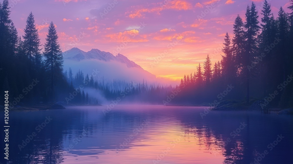 Fototapeta premium Misty Mountain Lake at Sunset: A Serene Landscape